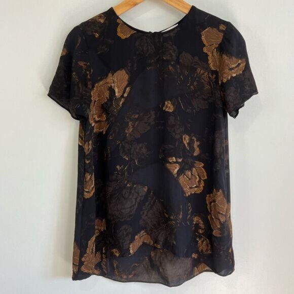 Aritzia Wilfred 100% Silk Tunic Blouse Women’s Size XS Sheer Brown Floral Moody - Picture 1 of 11